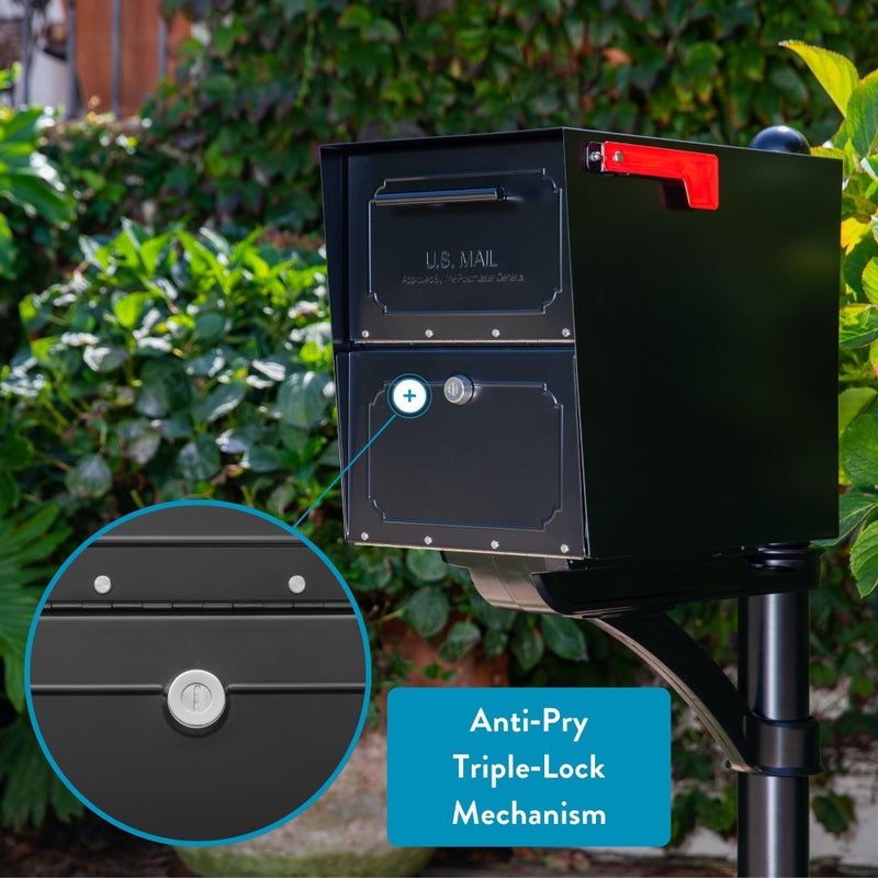 ARCHITECTURAL MAILBOXES صناديق البريد المعمارية أواسيـس® تري بولت™ آمنة، قفل مضاد للفتح معتمد من USPS صندوق بريد ثقيل من الفولاذ معدني مثبت على عمود للخارج، صندوق بريد كبير جداً باللون الأسود مع مغناطيس وباب مقاوم للماء - Image 2